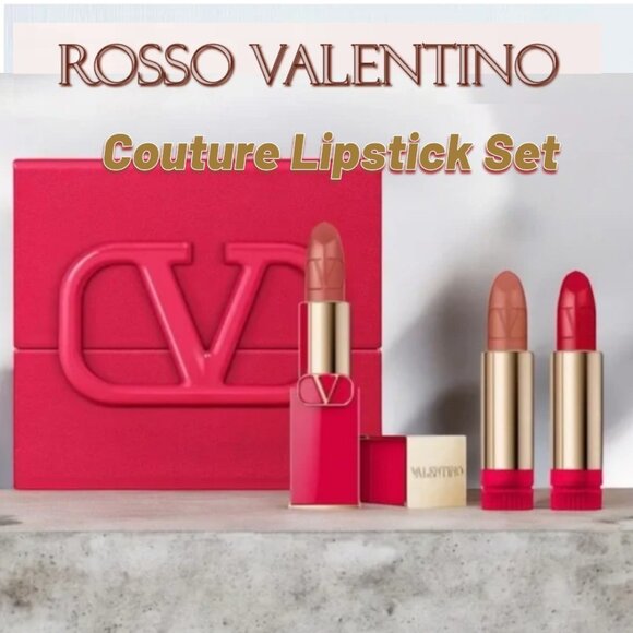 Rosso Valentino Couture Lipstick Set*w/Case ~ 3 Shades: 100R 107A 22R Refillable - Picture 1 of 14